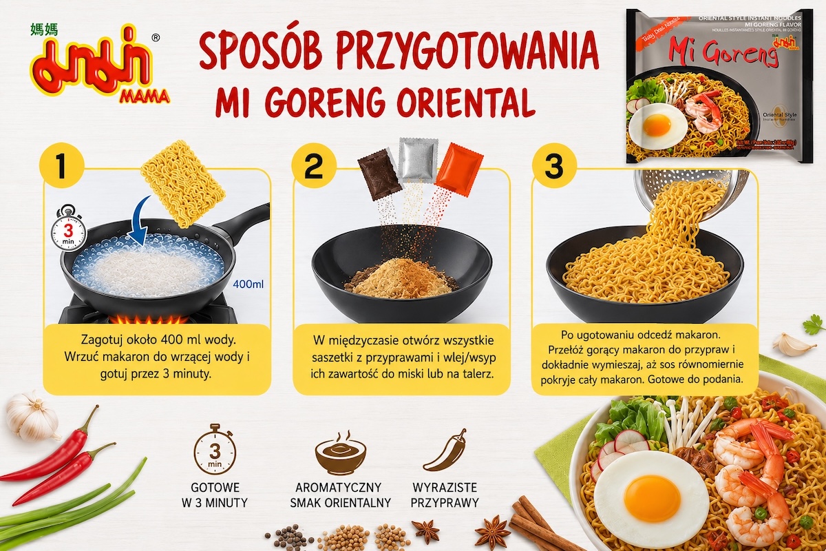 Przygotowanie: Tajska Zupka Błyskawiczna Makaron Instant MI GORENG Oriental 80g MAMA